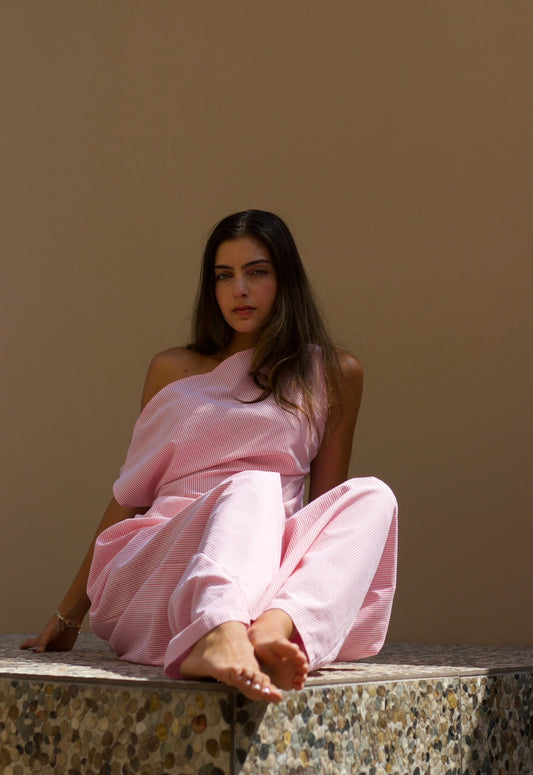 Wide Leg Trouser Set with One Shoulder Tie Top